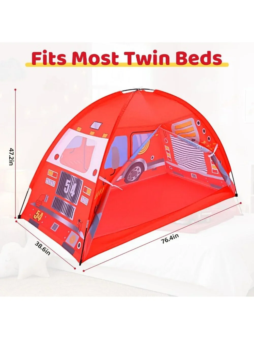 Twin Bed Tent Canopy - Red Fire Truck Play Tent for Kids, Foldable Pop Up Bed